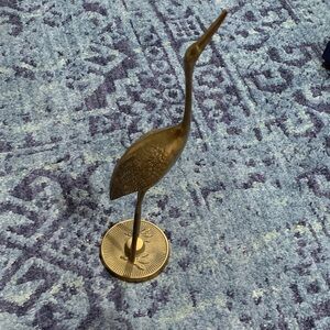 Vintage brass 12” textured detailed crane bird statue on round base some patina